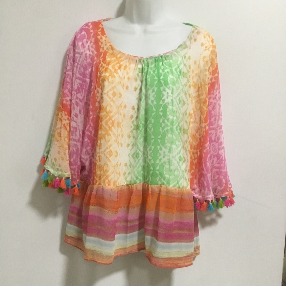 Cupio Blush Blouse Womens XL Pink Whimsy Raglan Sleeve Tassles Floral Print 1X